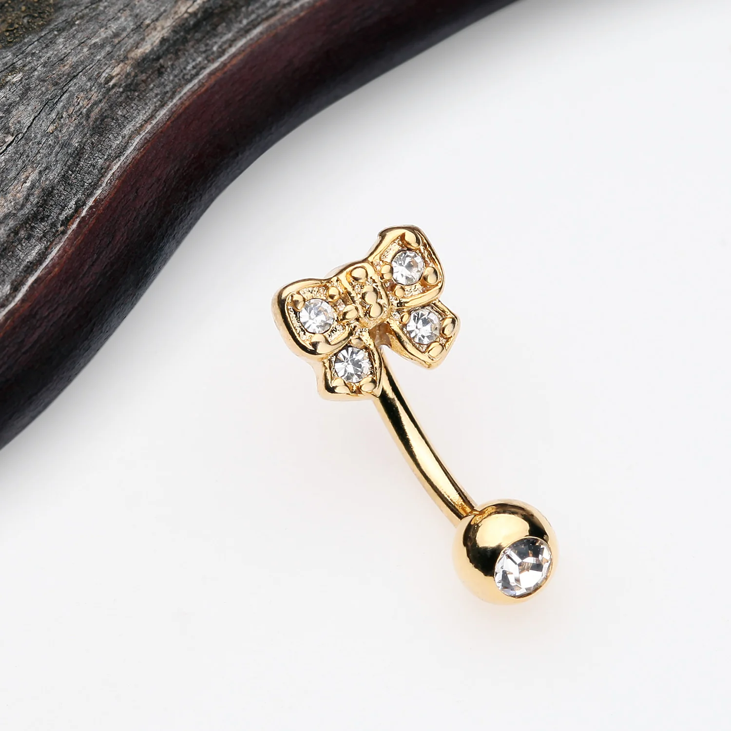 Golden Dainty Bow-Tie Sparkle Eyebrow Curved Barbell Ring - Image 2