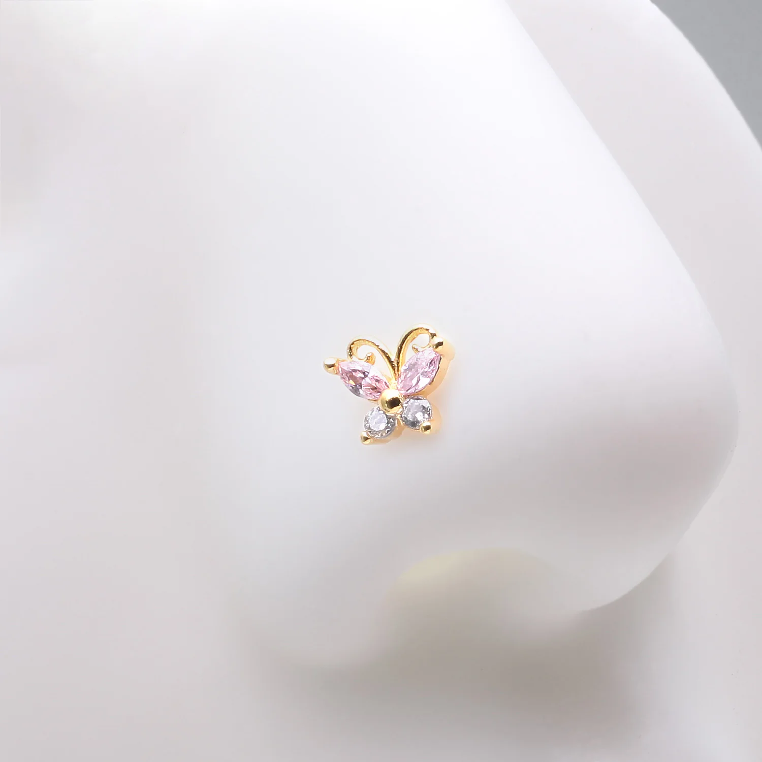 Golden Dainty Butterfly Rose Sparkle Multi-Gem L-Shaped Nose Ring - Image 2