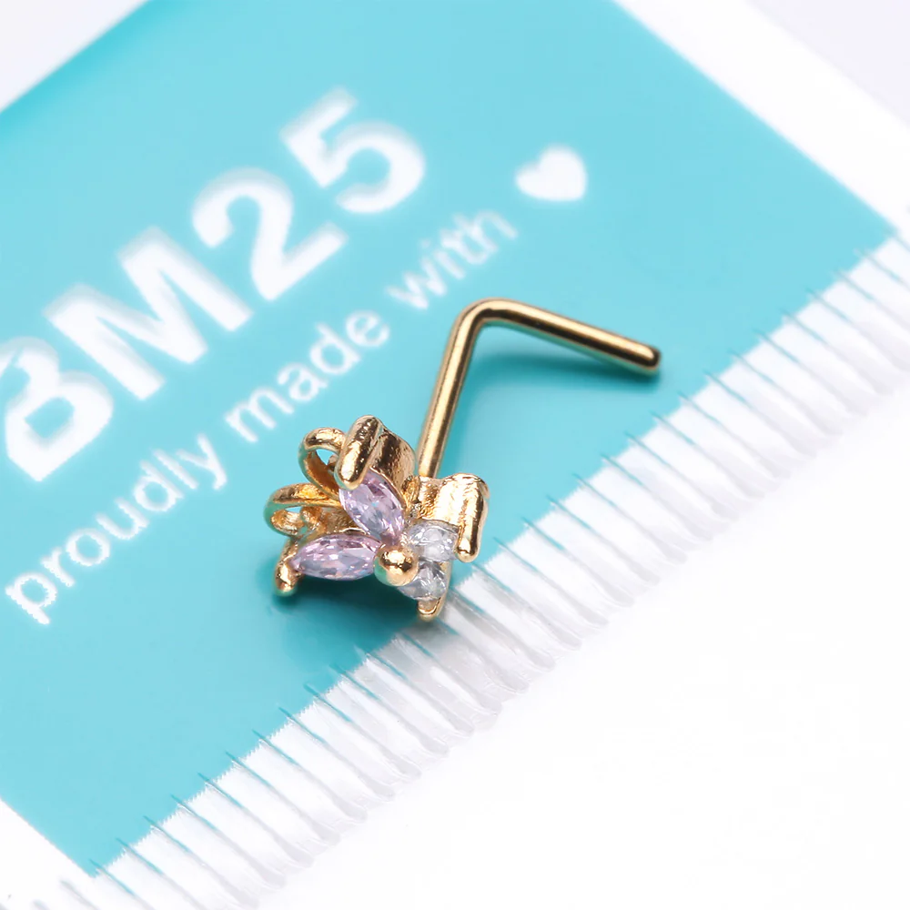 Golden Dainty Butterfly Rose Sparkle Multi-Gem L-Shaped Nose Ring - Image 4