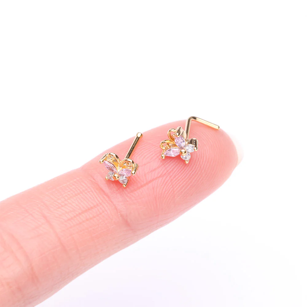 Golden Dainty Butterfly Rose Sparkle Multi-Gem Nose Stud Ring - Image 3