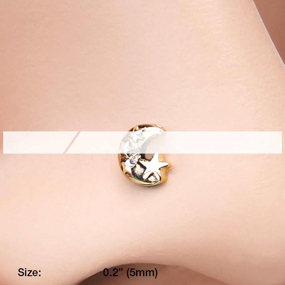 Golden Dainty Crescent Moon & Stars L-Shaped Nose Ring - Image 3