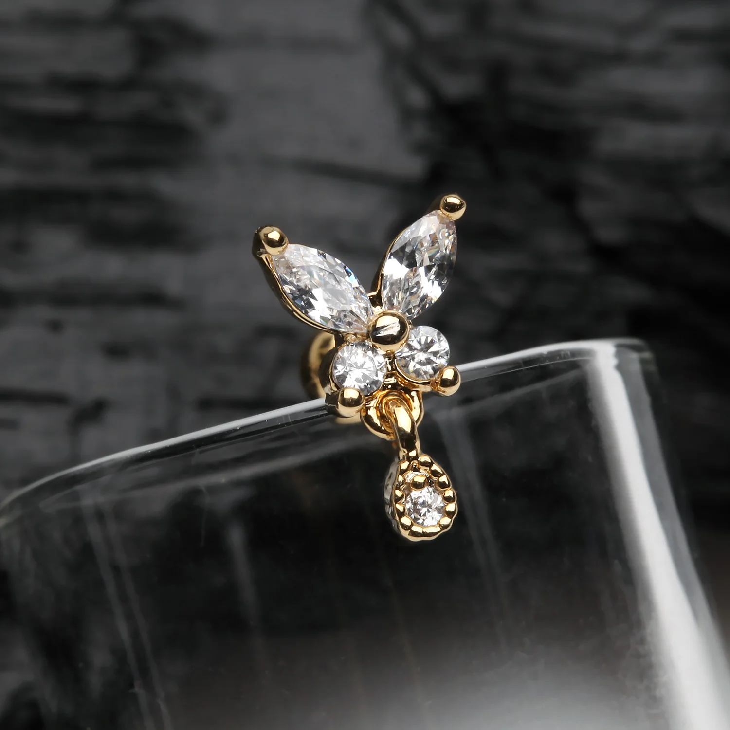 Golden Dainty Sparkle Butterfly Dangle Cartilage Tragus Barbell Earring - Image 2