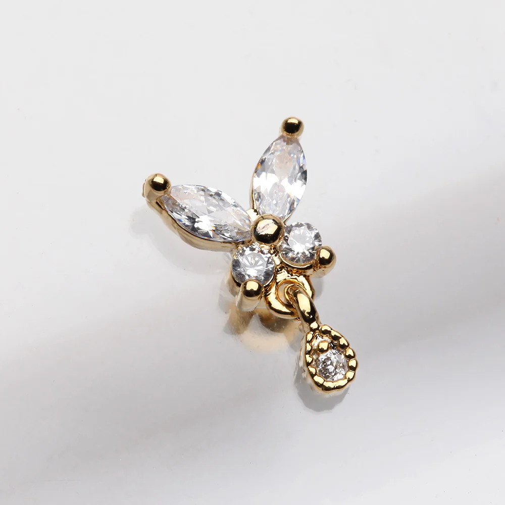 Golden Dainty Sparkle Butterfly Dangle Cartilage Tragus Barbell Earring - Image 3