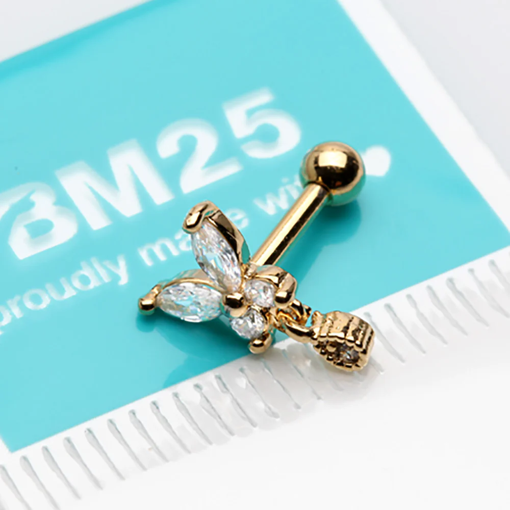 Golden Dainty Sparkle Butterfly Dangle Cartilage Tragus Barbell Earring - Image 4