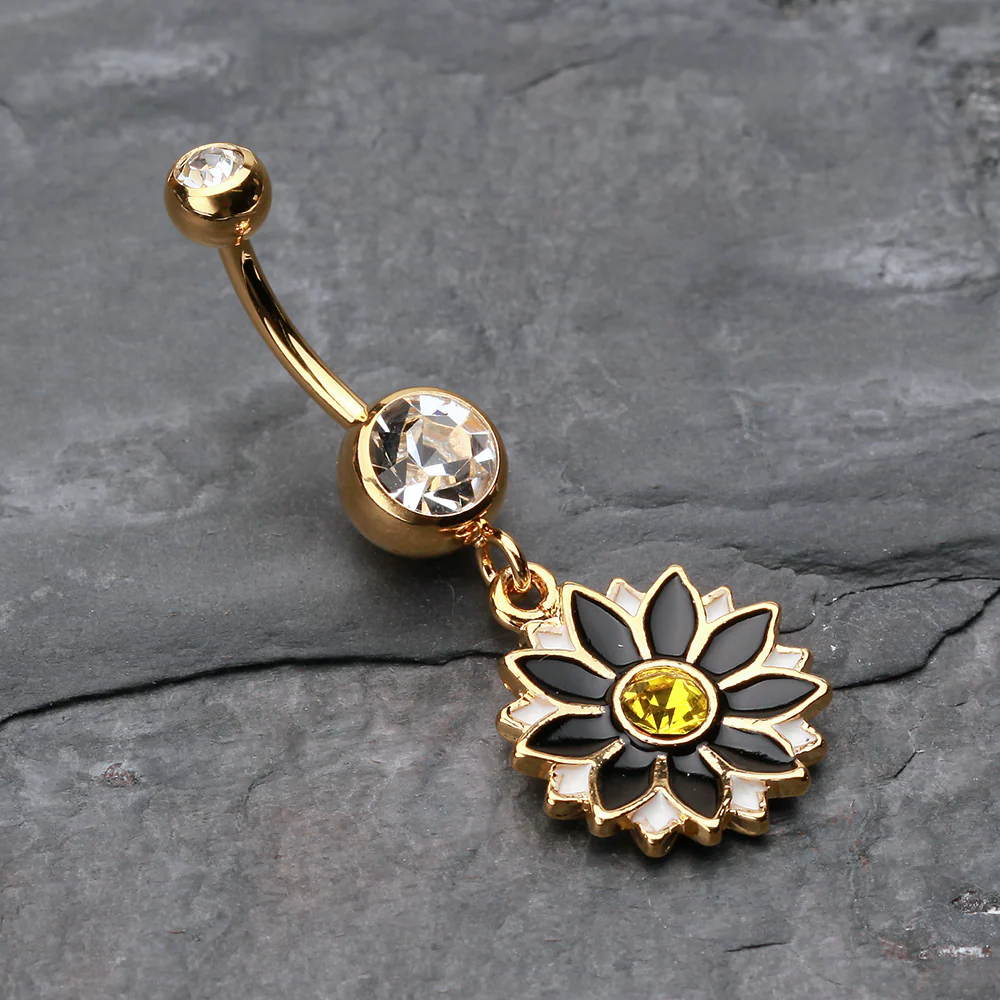 Golden Daisy Blossom Flower Belly Button Ring - Image 3