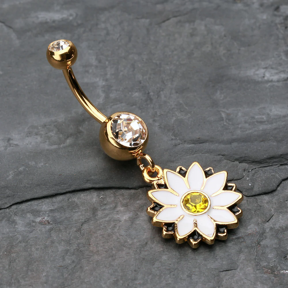 Golden Daisy Blossom Flower Belly Button Ring - Image 3