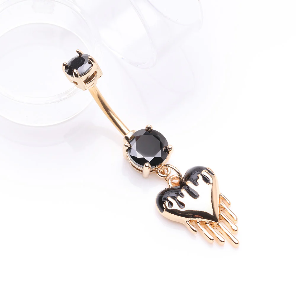 Golden Dark Love Dripping Heart Dangle Belly Button Ring - Image 3