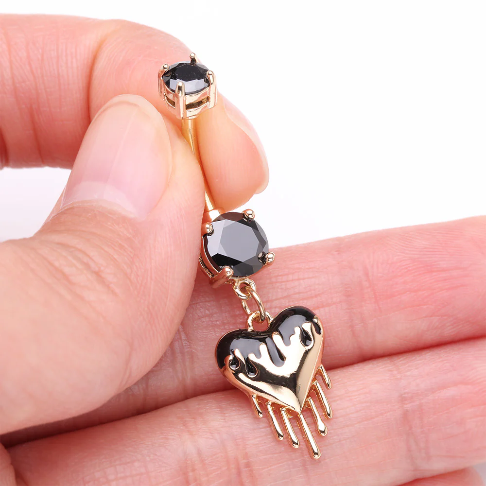 Golden Dark Love Dripping Heart Dangle Belly Button Ring - Image 4
