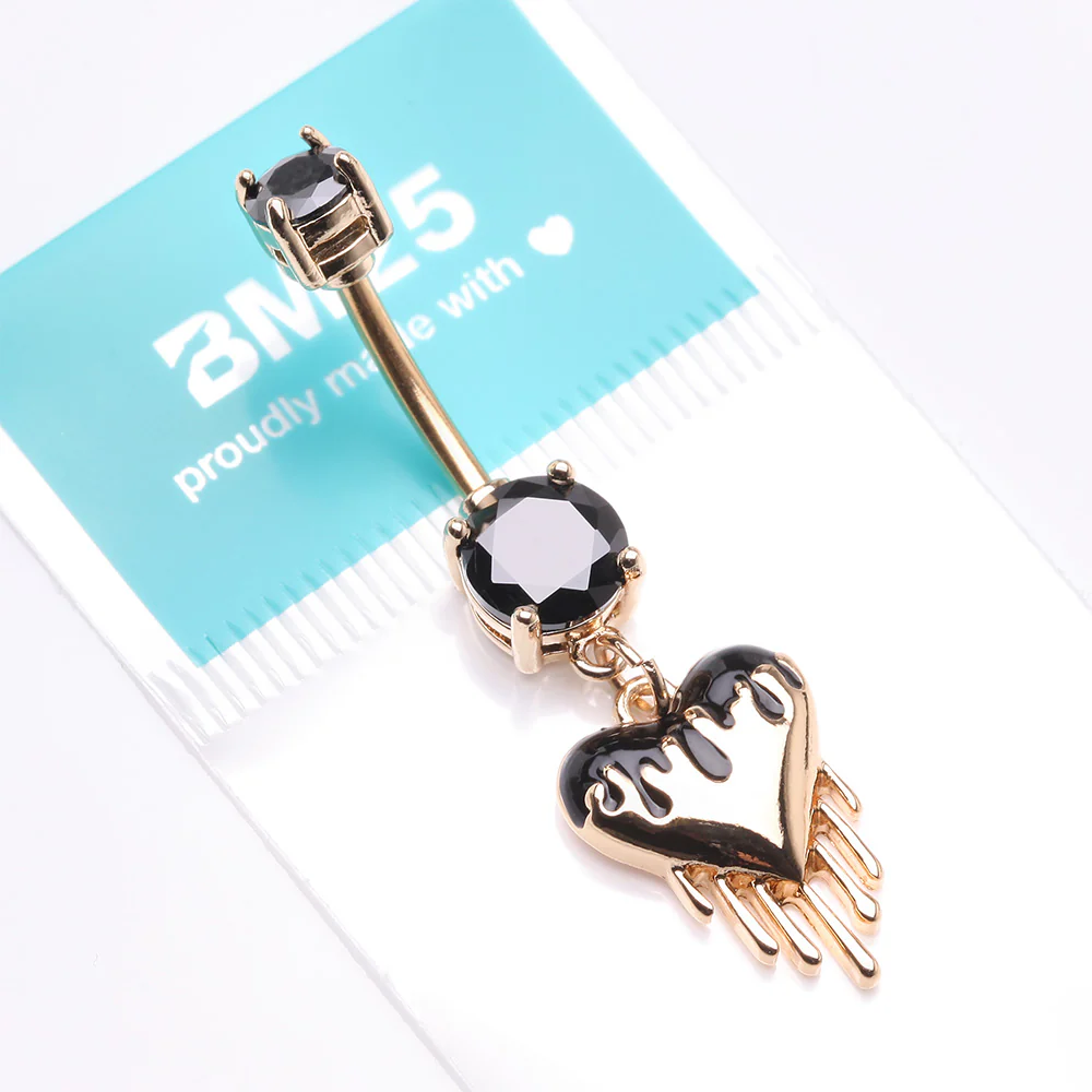 Golden Dark Love Dripping Heart Dangle Belly Button Ring - Image 5