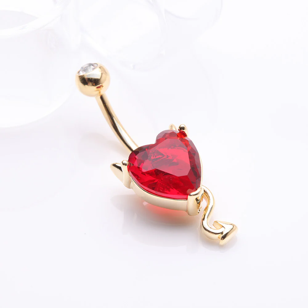 Golden Devilish Sparkle Heart Belly Button Ring - Image 3
