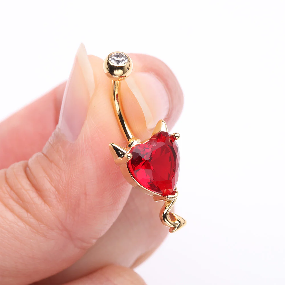 Golden Devilish Sparkle Heart Belly Button Ring - Image 4