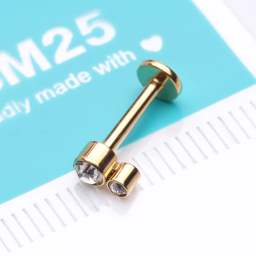 Golden Double Gem Sparkle Droplets Internally Threaded Steel Labret - Image 4