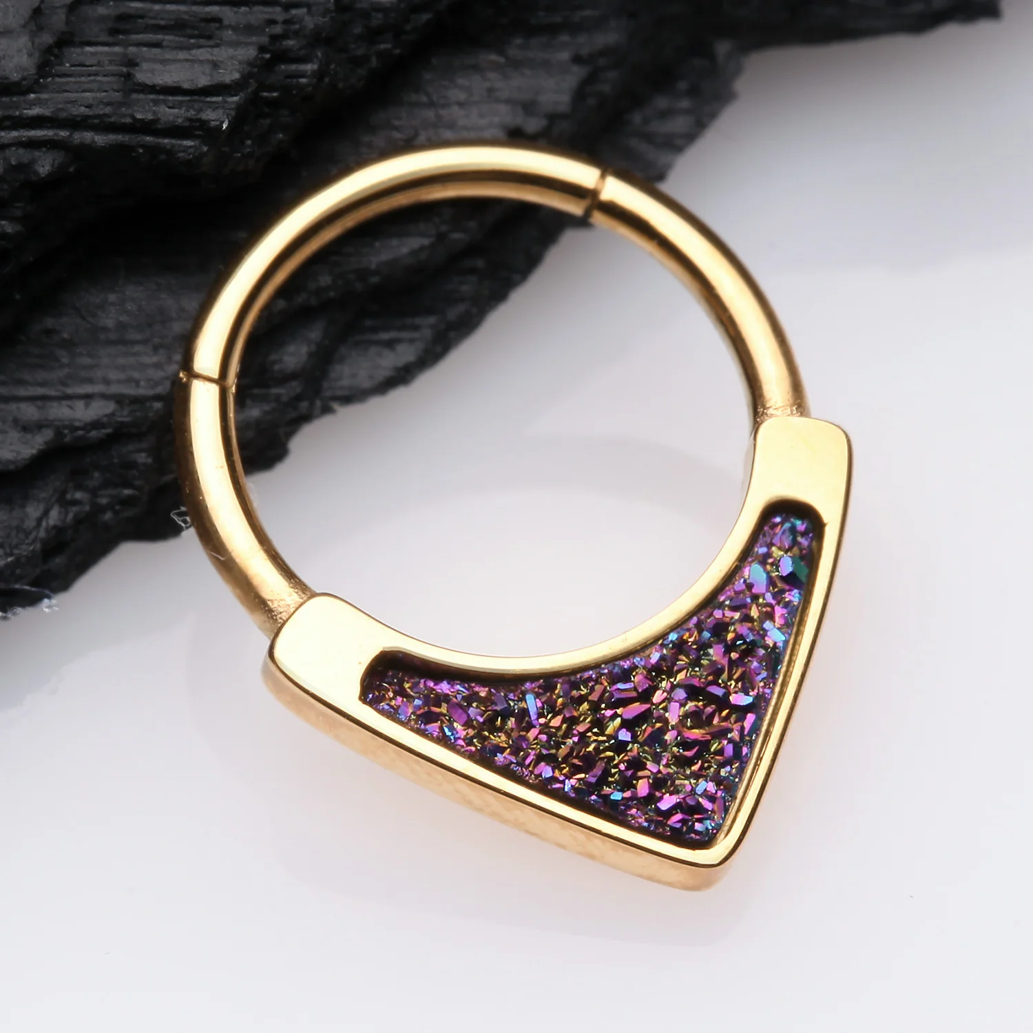Golden Druzy Stone Sparkle Chevron Seamless Clicker Hoop Ring - Image 2