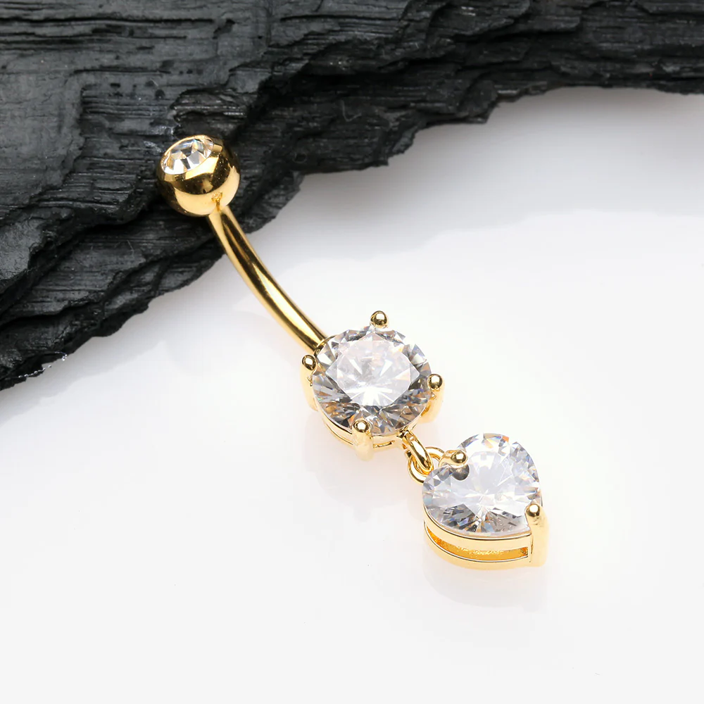 Golden Elegant Heart Drop Sparkle Belly Button Ring - Image 3