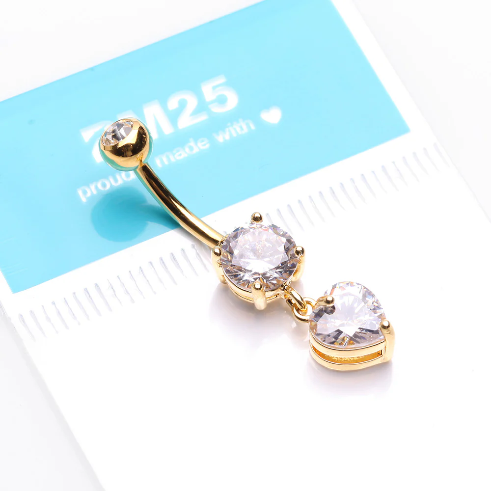 Golden Elegant Heart Drop Sparkle Belly Button Ring - Image 4