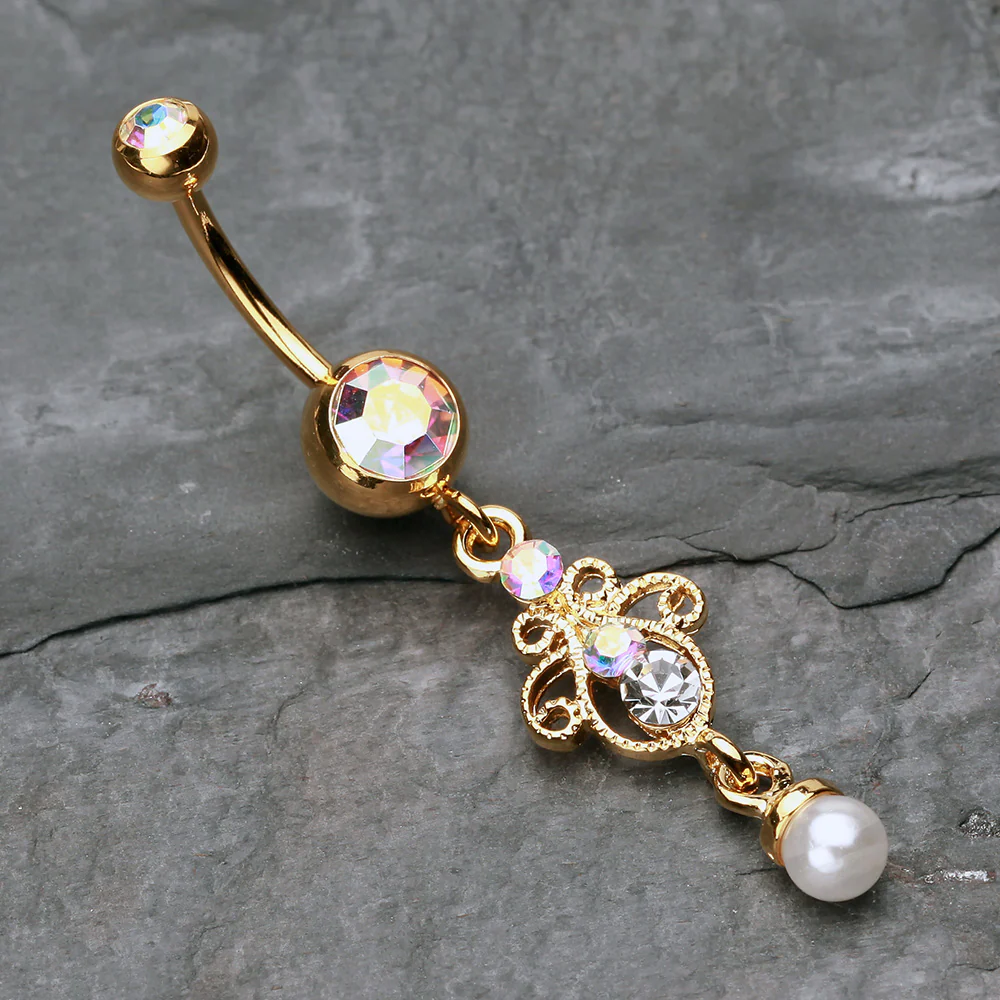 Golden Elegant Jeweled Pearl Dangle Belly Button Ring - Image 3