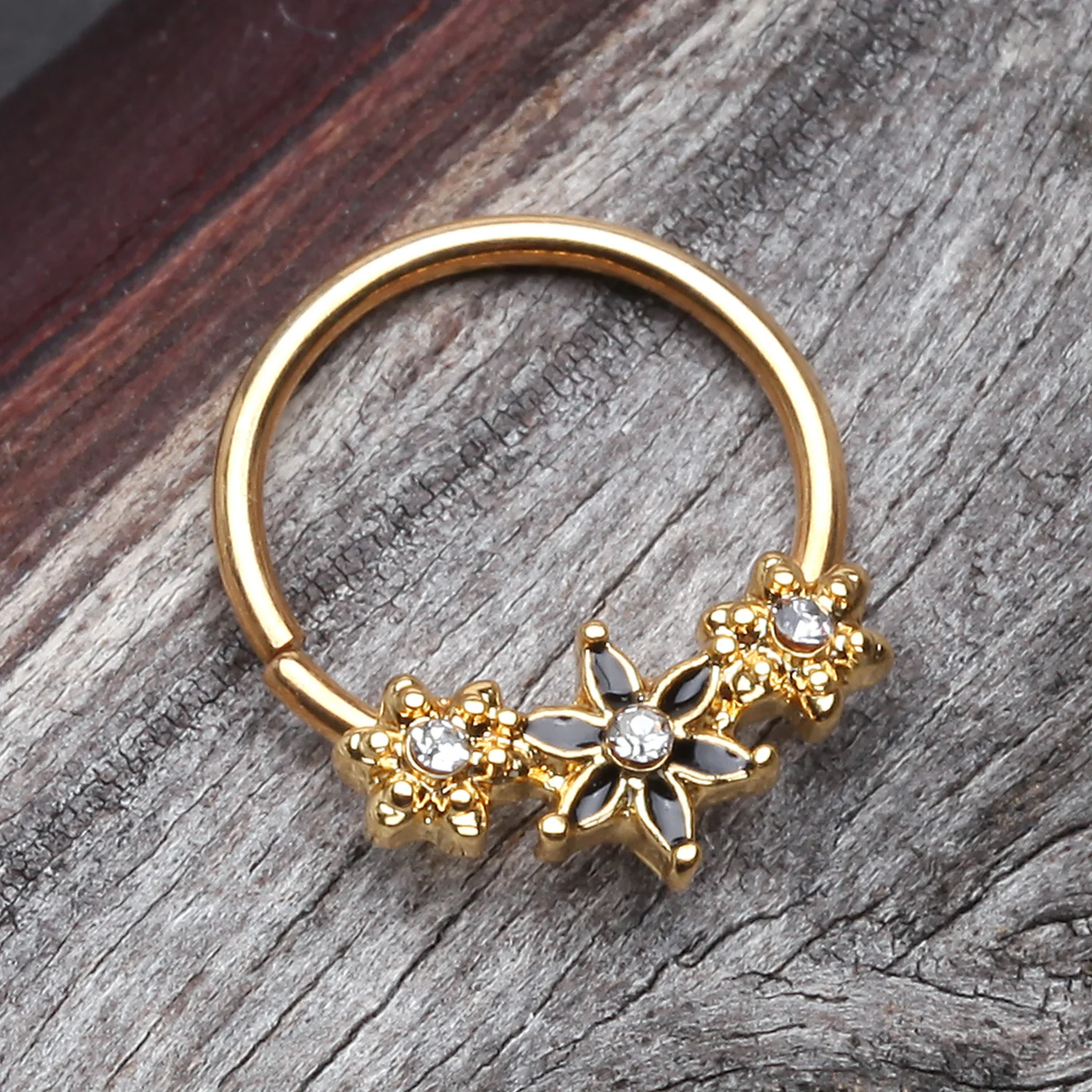 Golden Elegant Onyx Lily Flower Sparkle Bendable Twist Hoop Ring - Image 2