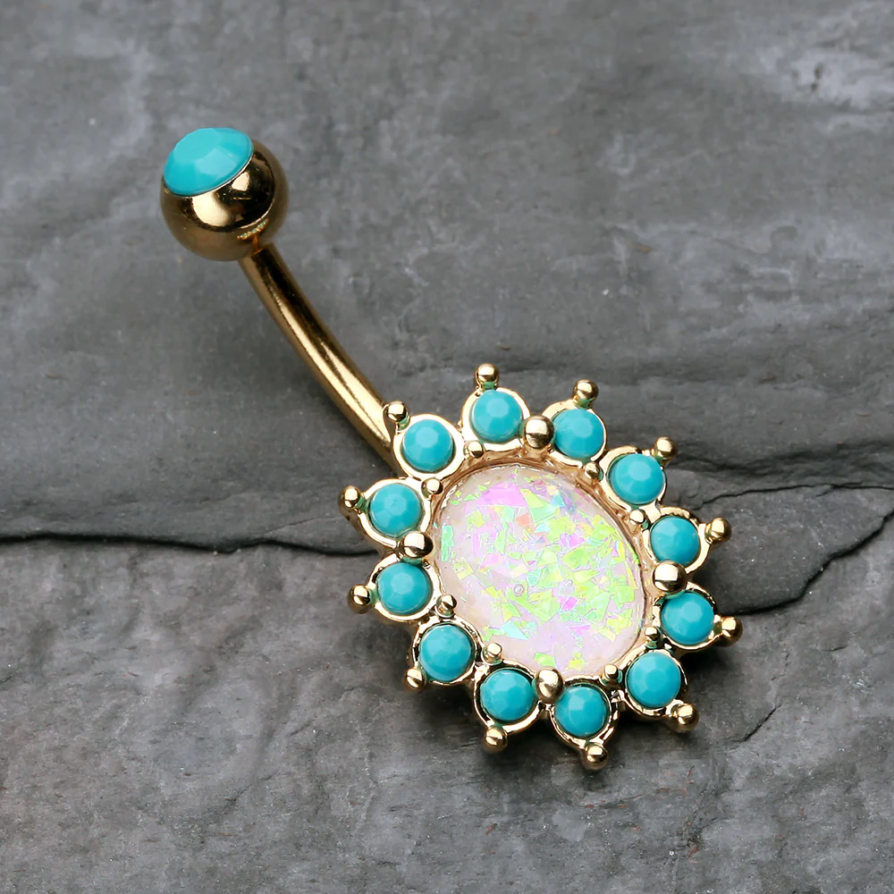 Golden Elegant Opal Turquoise Belly Button Ring - Image 3