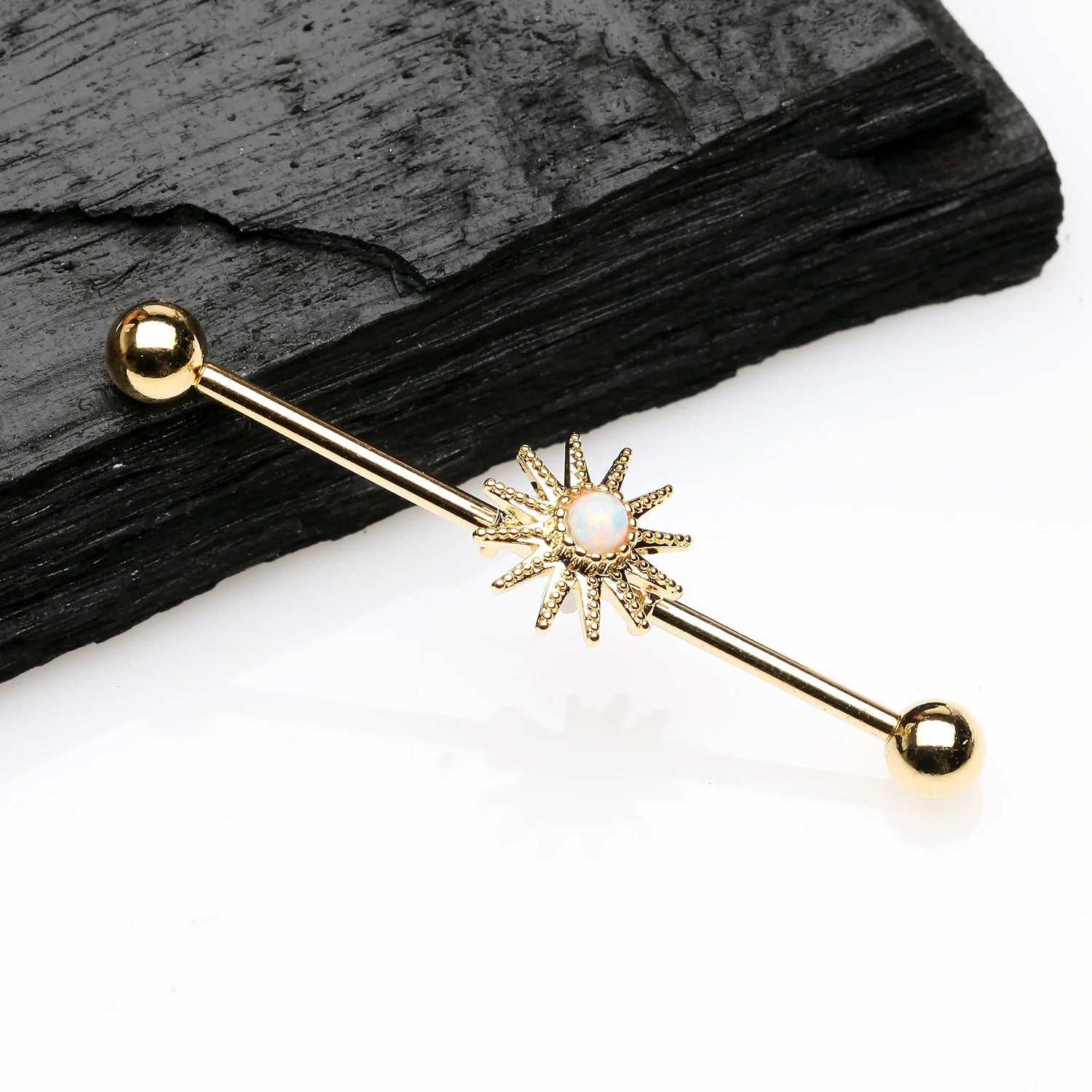 Golden Fire Opal Sunburst Sparkle Industrial Barbell - Image 2