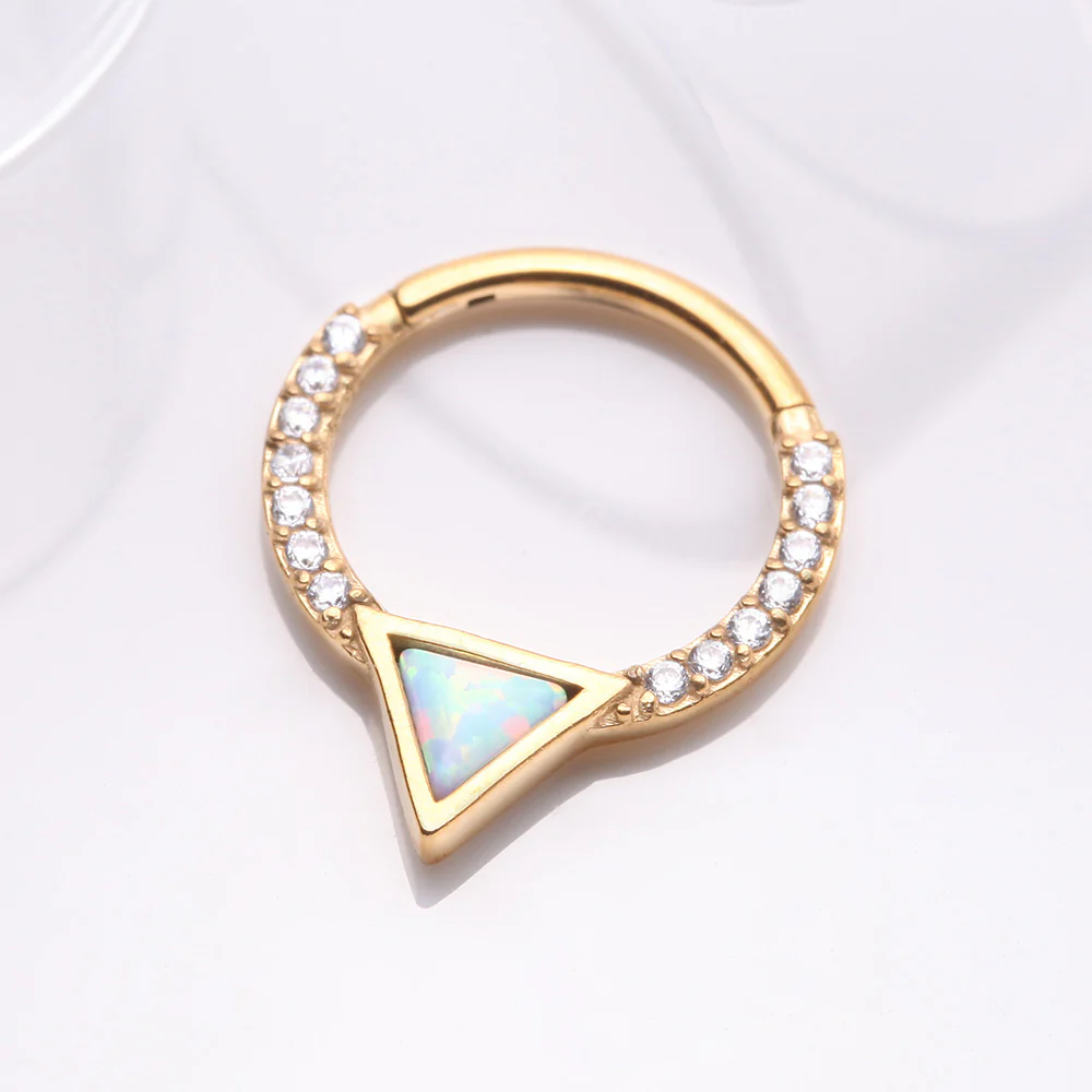 zzz-Golden Fire Opal Triangle Multi-Gem Sparkle Rim Seamless Clicker Hoop Ring - Image 3