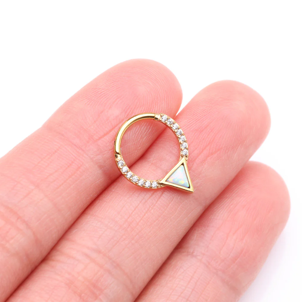 zzz-Golden Fire Opal Triangle Multi-Gem Sparkle Rim Seamless Clicker Hoop Ring - Image 4