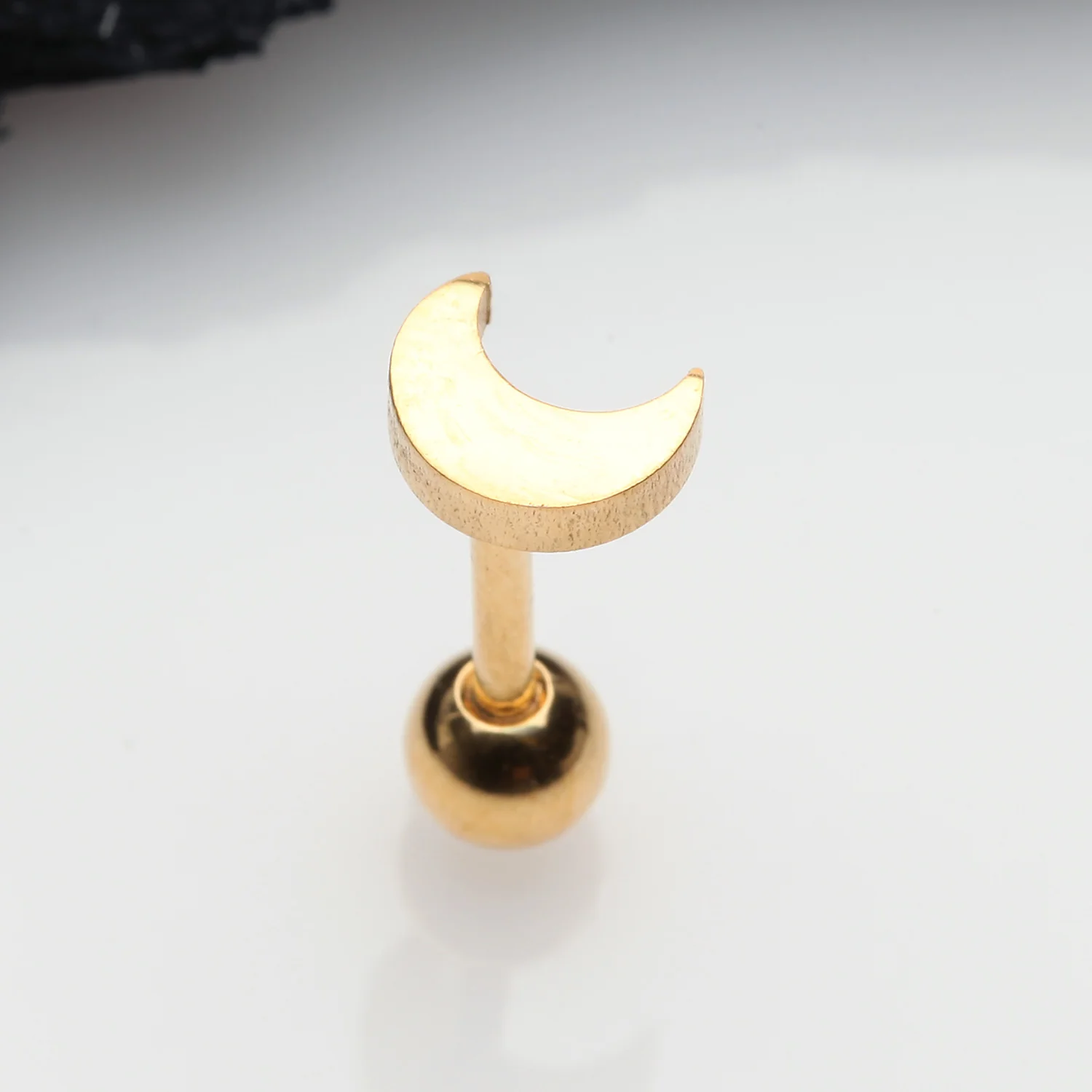 Golden Flat Crescent Moon Top Cartilage Tragus Barbell Earring - Image 2