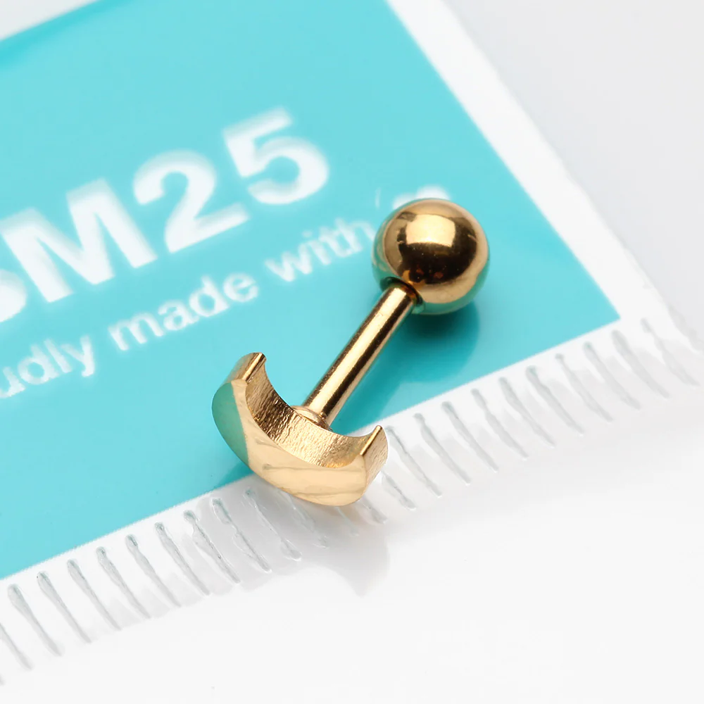 Golden Flat Crescent Moon Top Cartilage Tragus Barbell Earring - Image 3