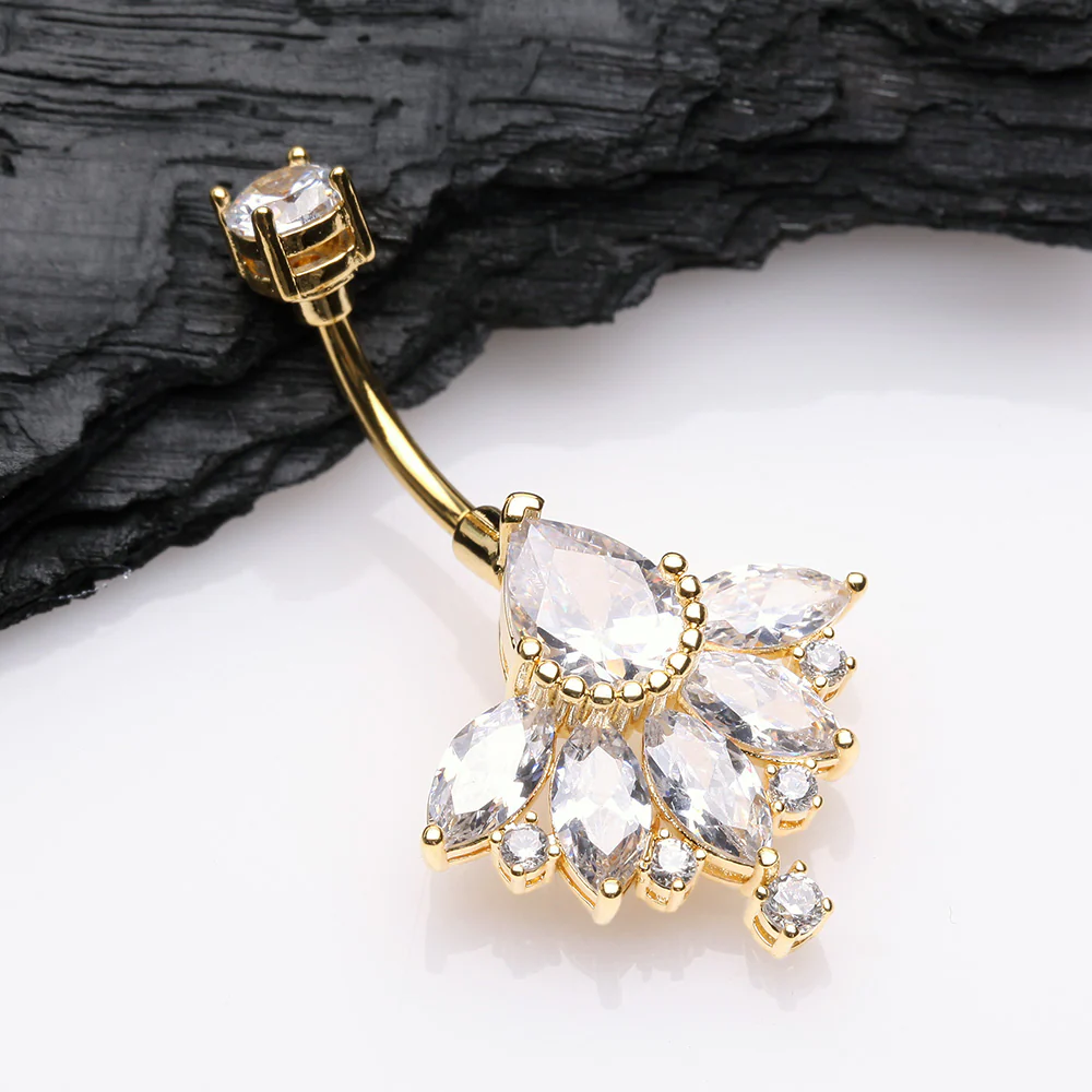Golden Floral Elegant Art Deco Sparkle Belly Button Ring - Image 3