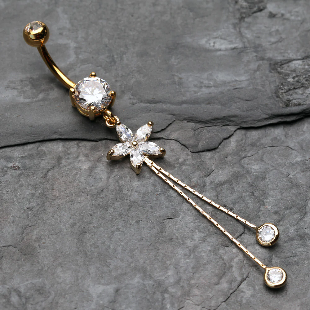 Golden Flower Sparkle Droplets Belly Button Ring - Image 3