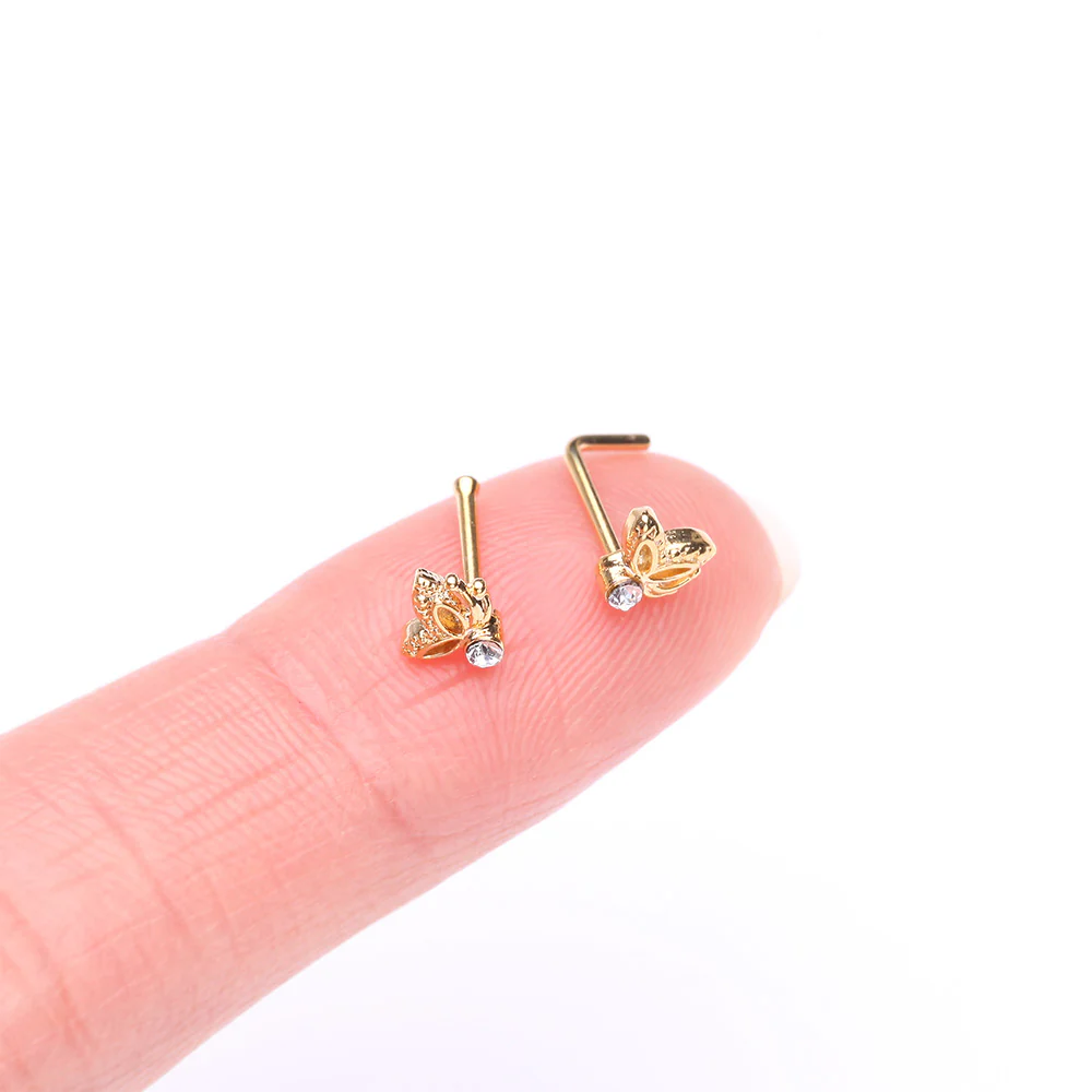 Golden Glam Butterfly Sparkle L-Shaped Nose Ring - Image 3