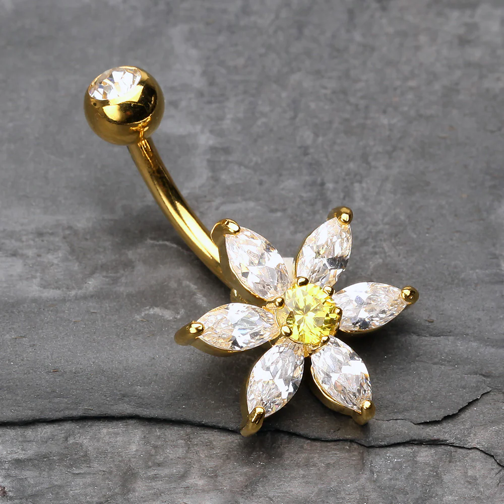 Golden Glistening Flower Bliss Belly Button Ring - Image 3