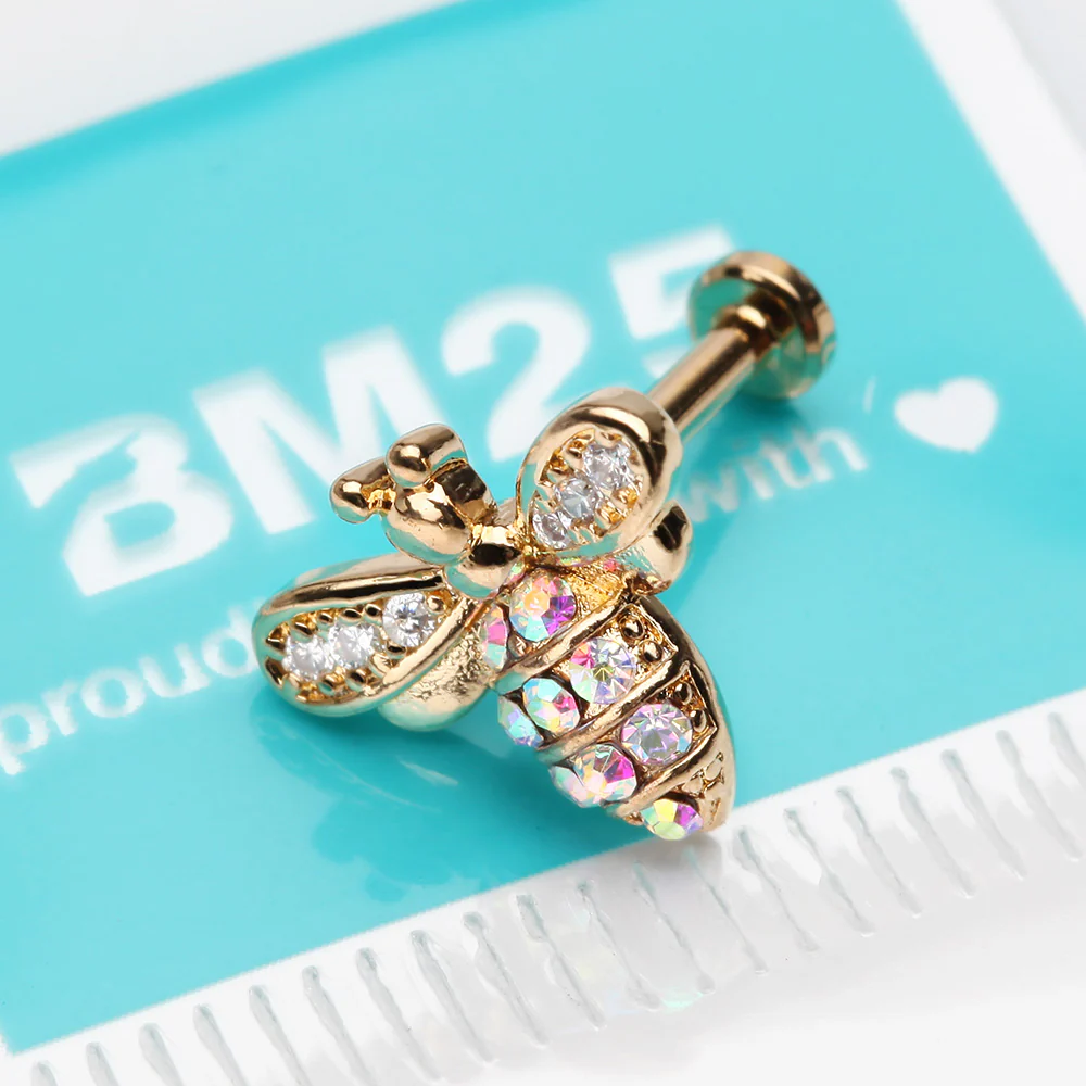 Golden Glistening Honey Bee Sparkle Internally Threaded Labret - Image 3