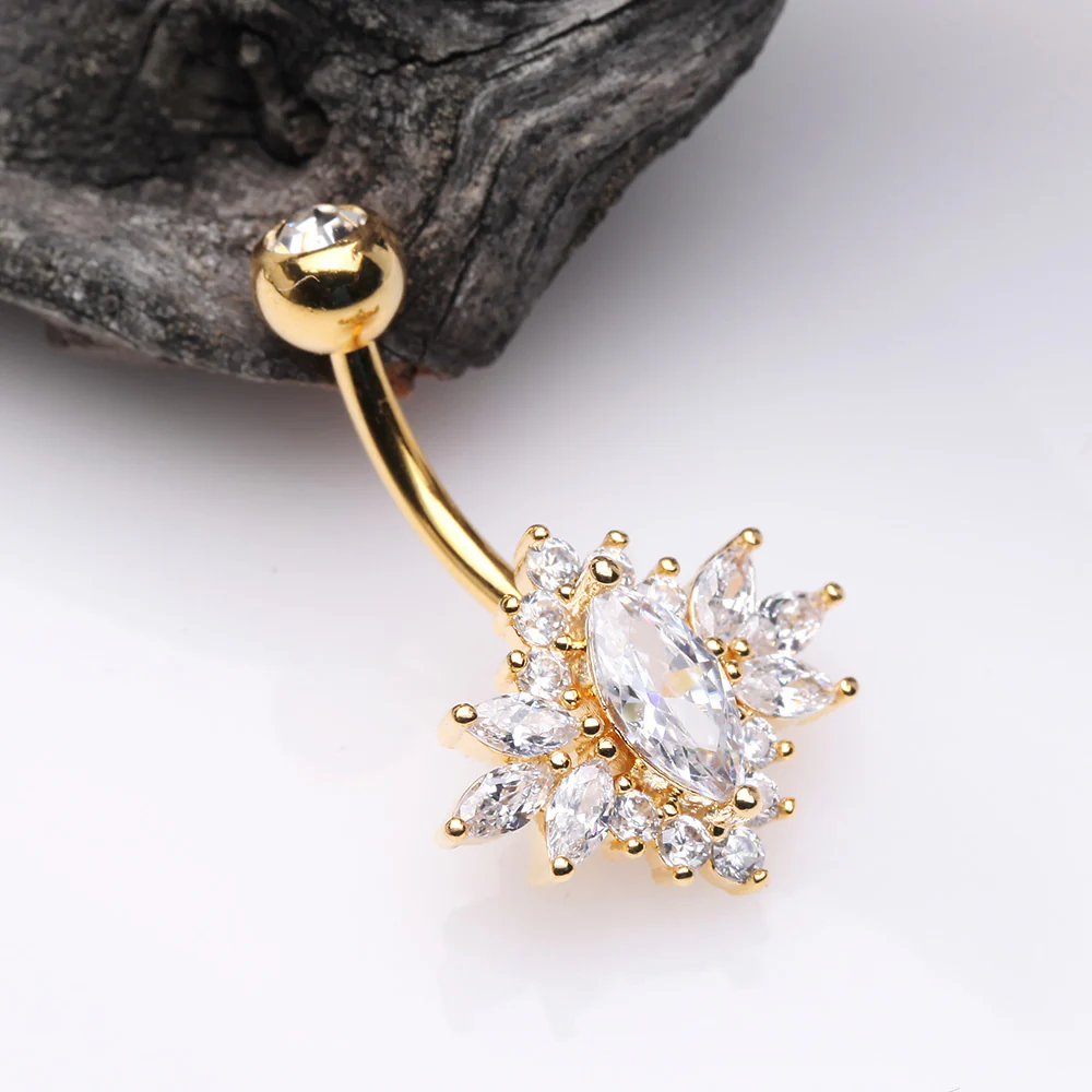 Golden Glistening Marquise Flower Sparkle Belly Button Ring - Image 3
