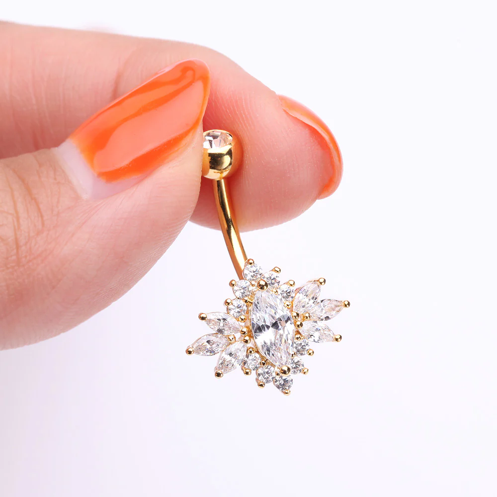 Golden Glistening Marquise Flower Sparkle Belly Button Ring - Image 4