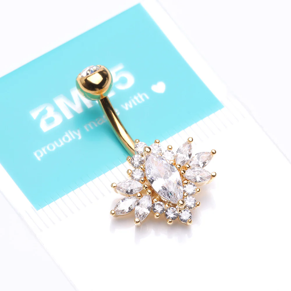 Golden Glistening Marquise Flower Sparkle Belly Button Ring - Image 5