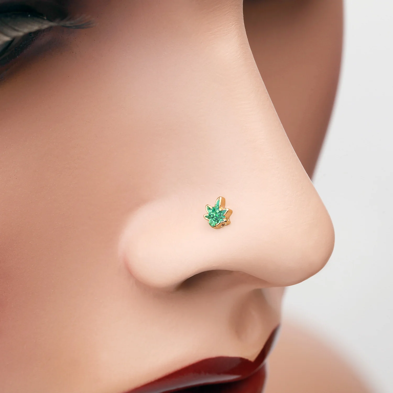 Golden Glitter Sparkle Cannabis L-Shaped Nose Ring - Image 2