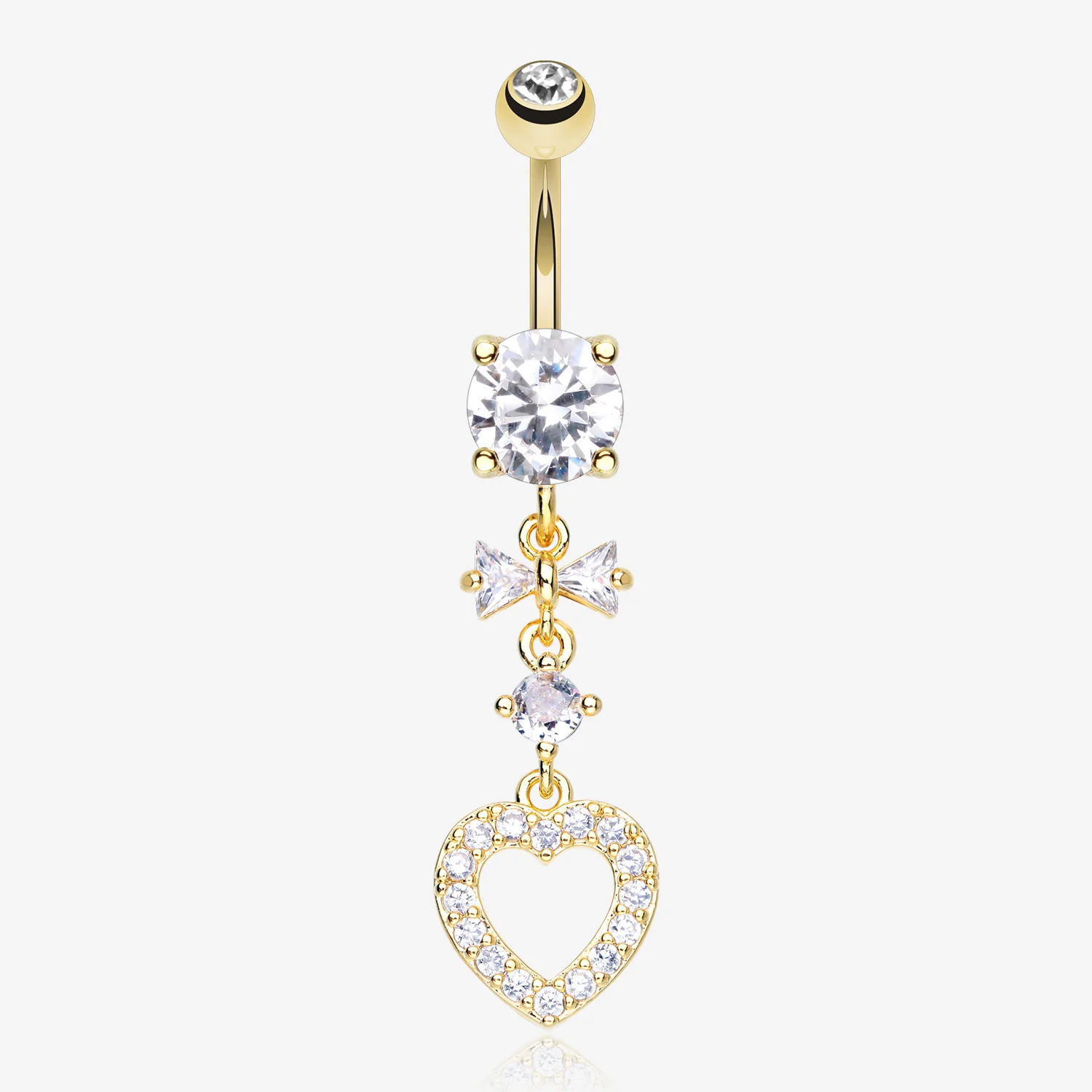 Golden Grand Heart Bow-Tie Gem Sparkle Dangle Belly Button Ring
