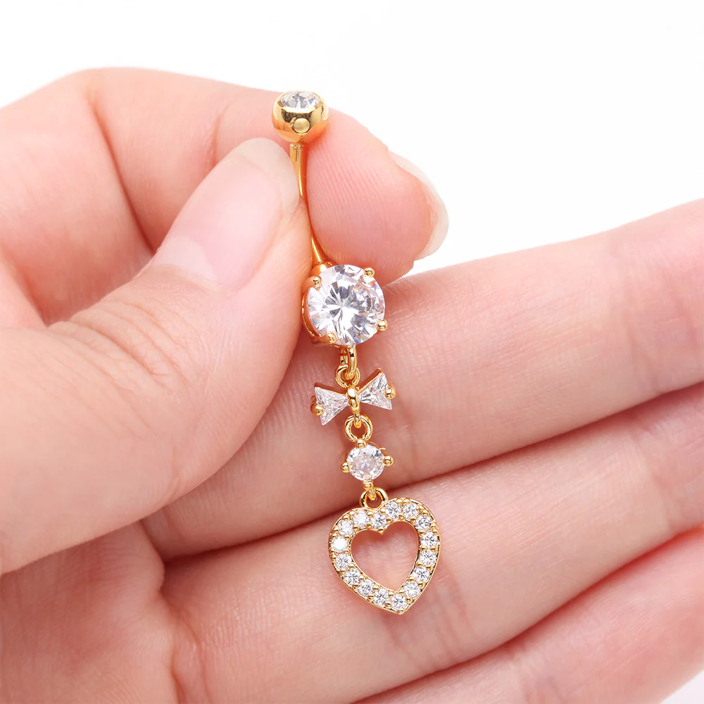 Golden Grand Heart Bow-Tie Gem Sparkle Dangle Belly Button Ring - Image 4