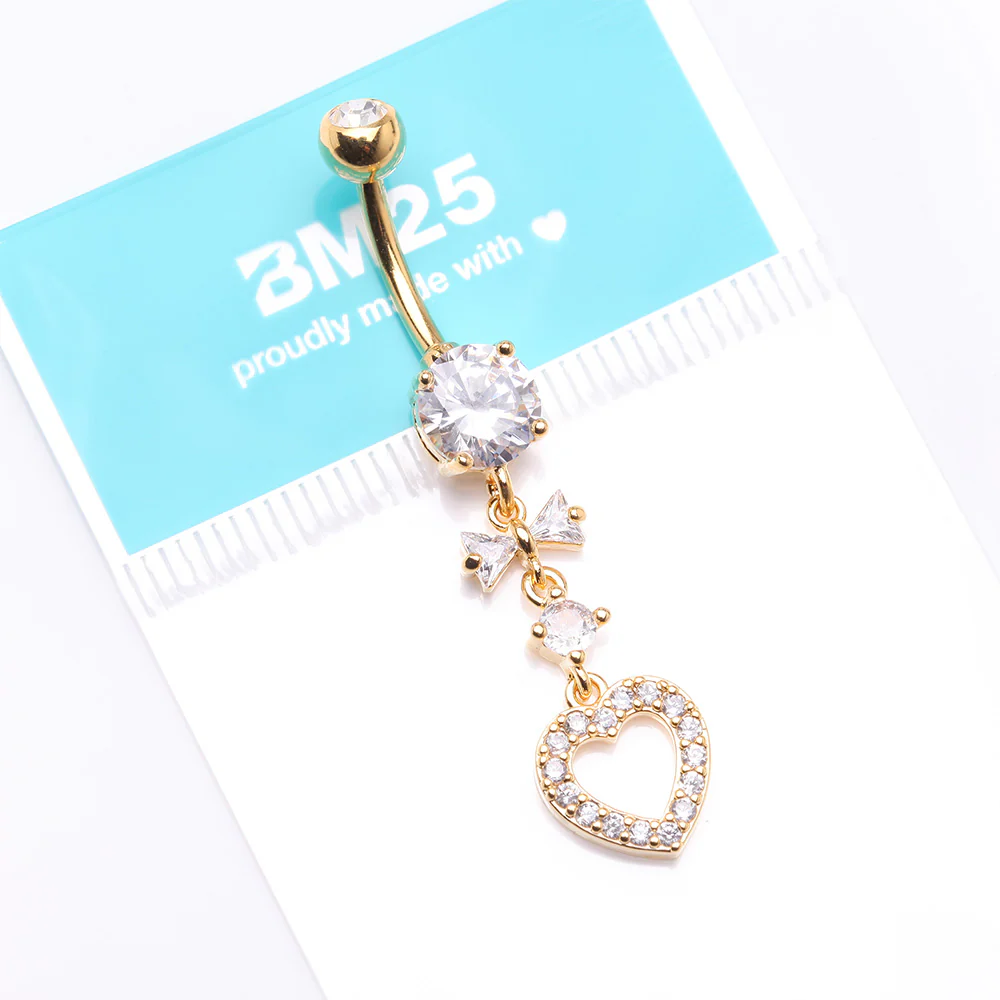 Golden Grand Heart Bow-Tie Gem Sparkle Dangle Belly Button Ring - Image 5