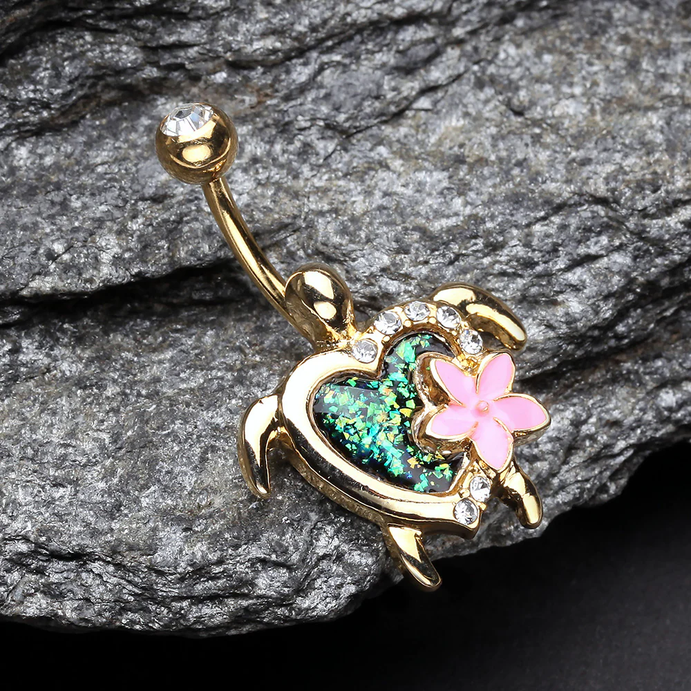 Golden Hawaiian Flower Turtle Opal Sparkle Belly Button Ring - Image 3