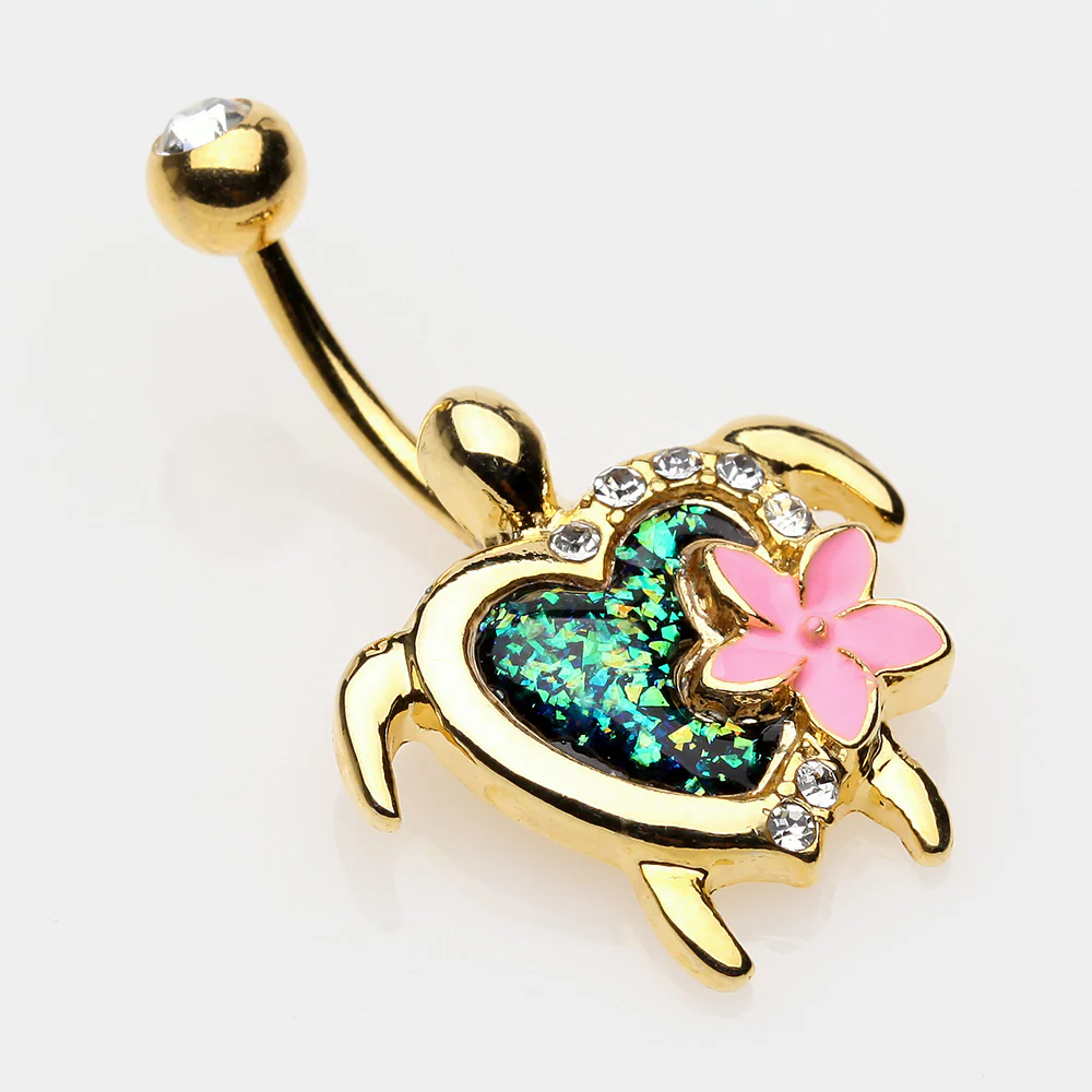 Golden Hawaiian Flower Turtle Opal Sparkle Belly Button Ring - Image 4