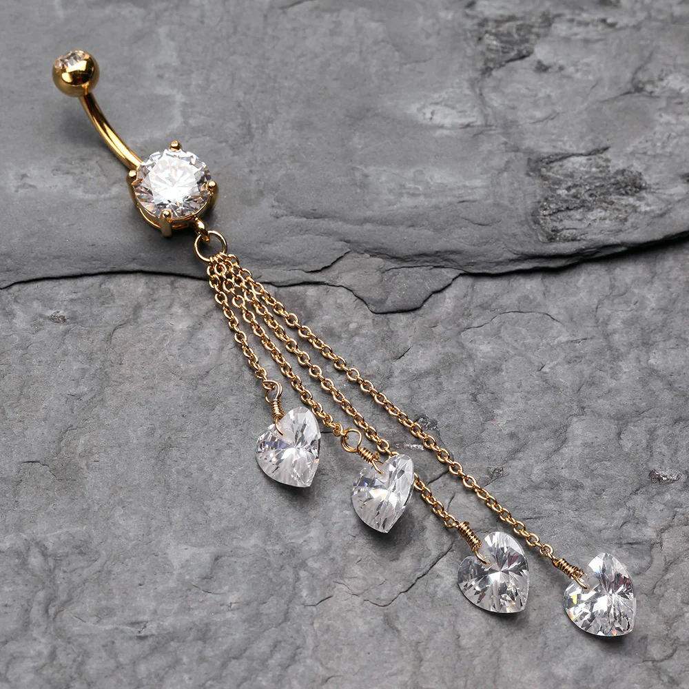 Golden Heart Crystal Drops Belly Button Ring - Image 3