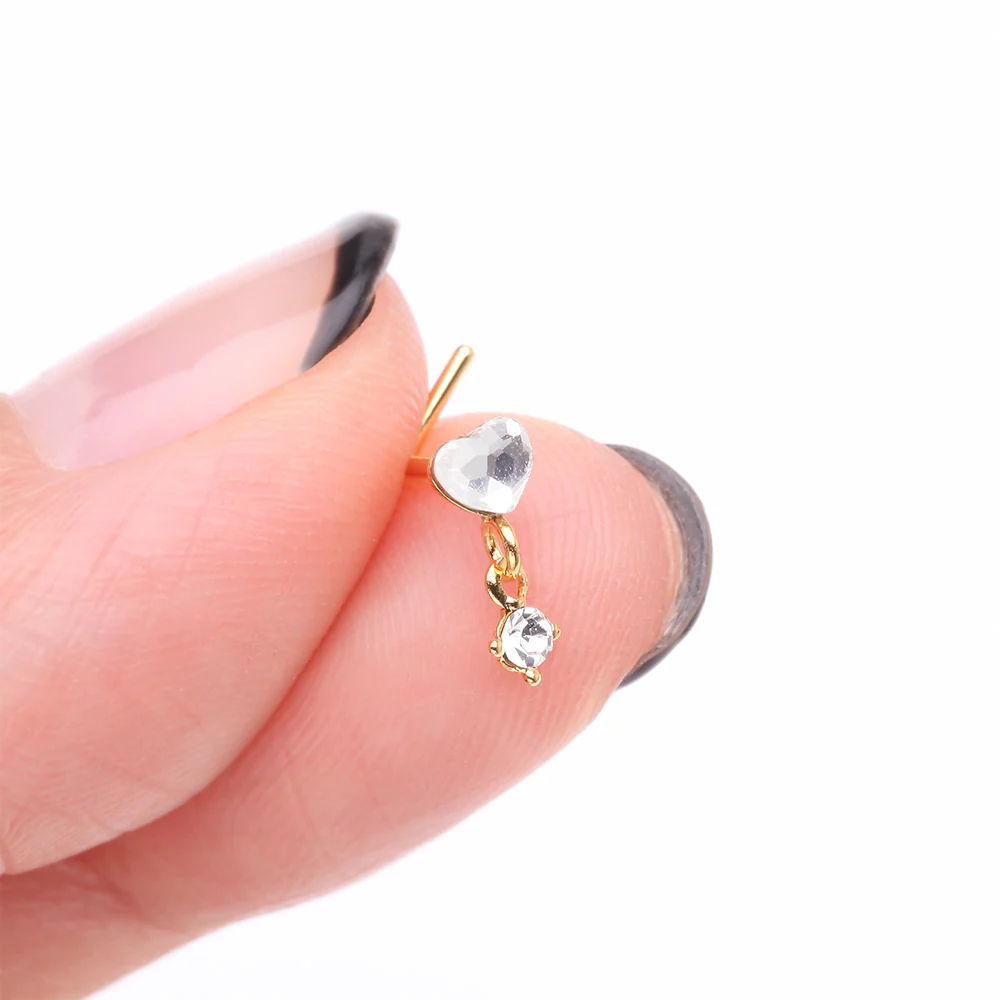 Golden Heart Sparkle Prong Dangle L-Shaped Nose Ring - Image 3