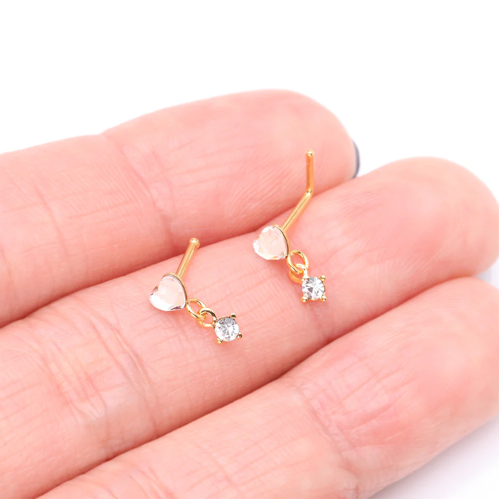 Golden Heart Sparkle Prong Dangle L-Shaped Nose Ring - Image 4