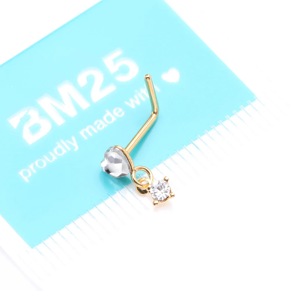 Golden Heart Sparkle Prong Dangle L-Shaped Nose Ring - Image 5