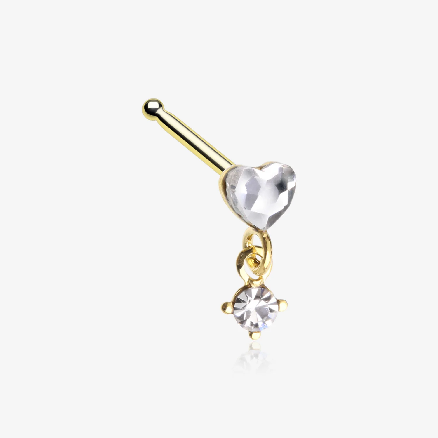 Golden Heart Sparkle Prong Dangle Nose Stud Ring