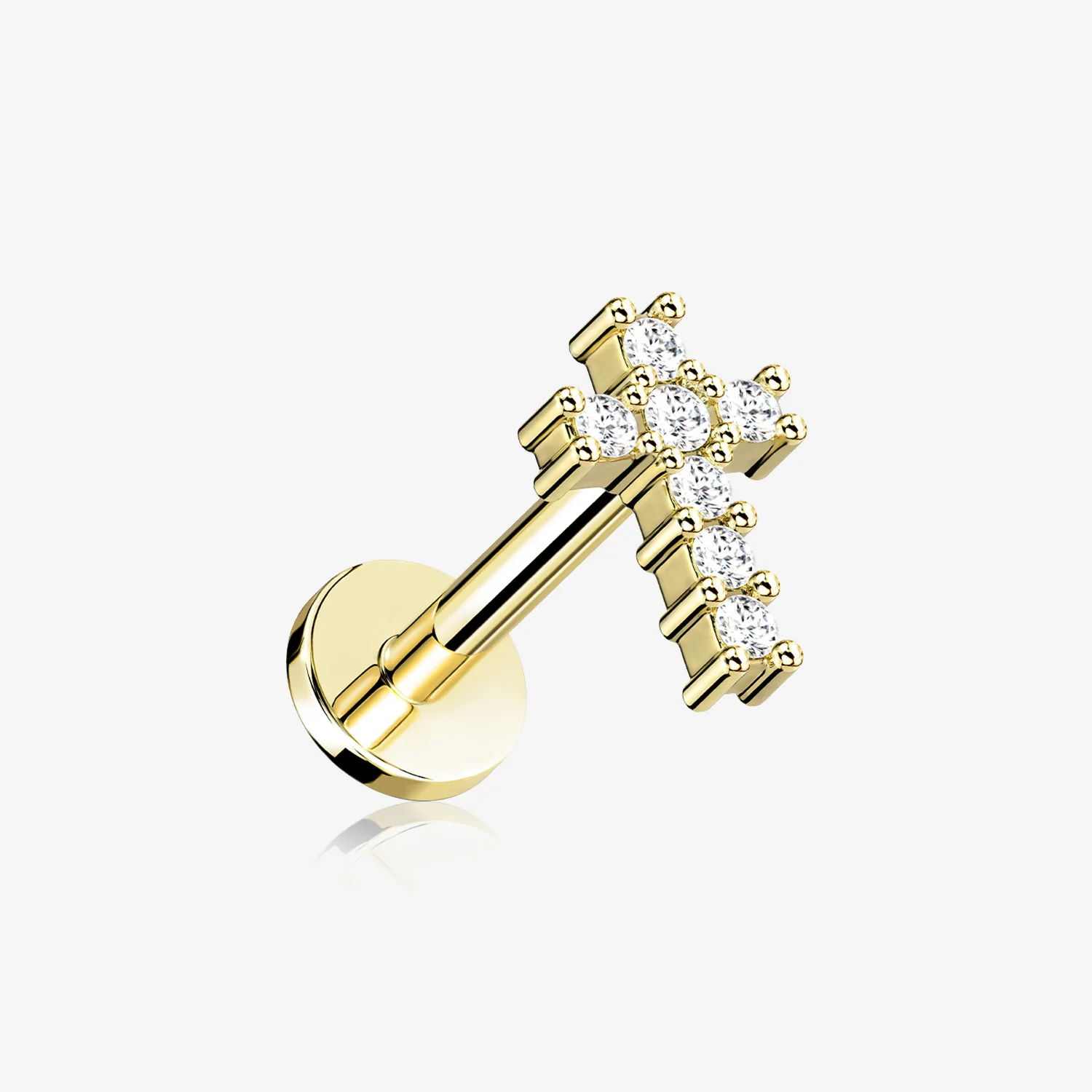 Golden Holy Cross Sparkle Top Internally Threaded Steel Flat Back Stud Labret
