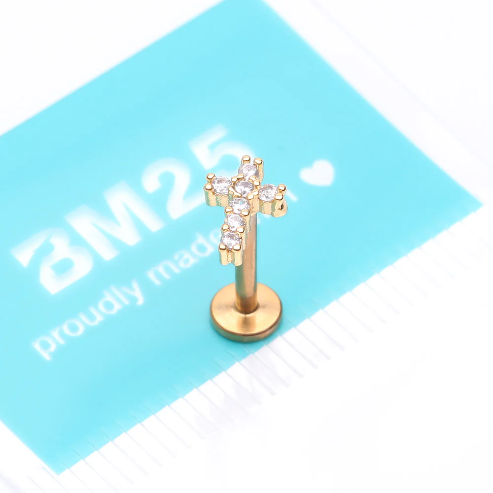 Golden Holy Cross Sparkle Top Internally Threaded Steel Flat Back Stud Labret - Image 4