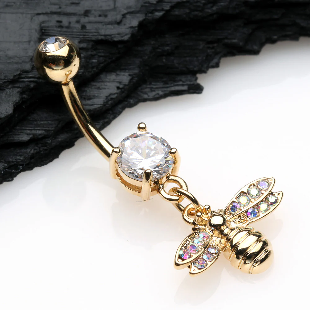 Golden Honey Bee Sparkle Dangle Belly Button Ring - Image 3