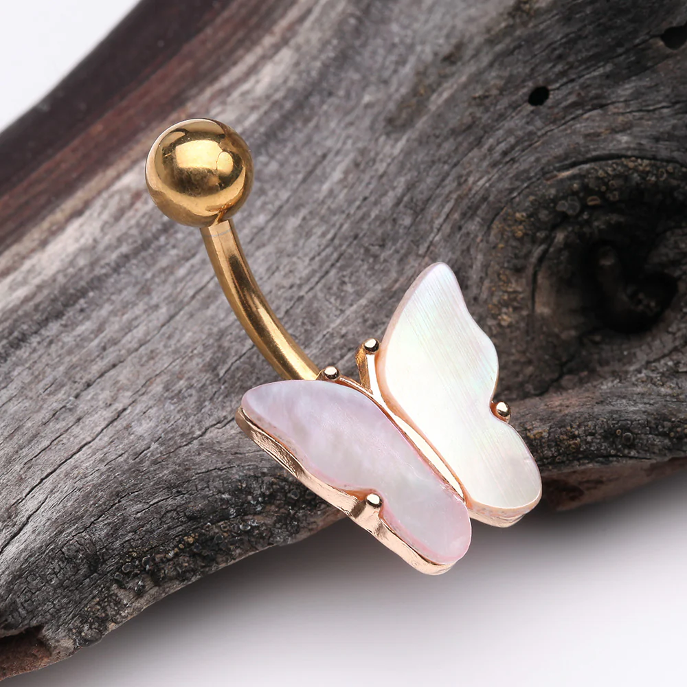 Golden Iridescent Natural Shell Butterfly Belly Button Ring - Image 3